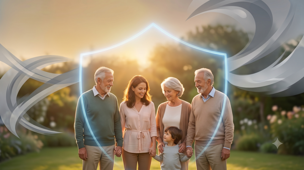 Imagen destacada de guía completa sobre seguro de decesos, mostrando una familia unida y protegida bajo un escudo simbólico.