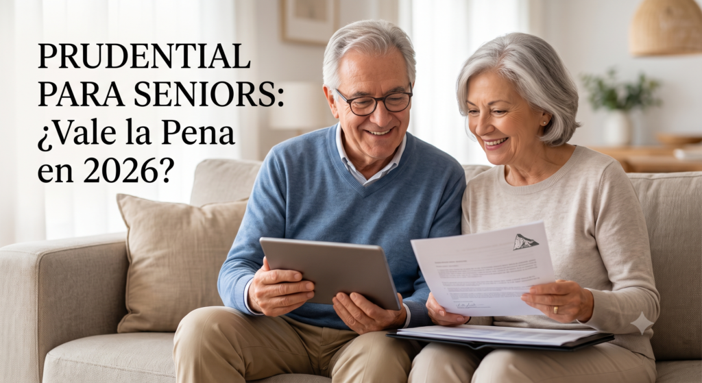 Pareja de adultos mayores sonriendo mientras revisan una tableta en su sala de estar, con el texto superpuesto "PRUDENTIAL PARA SENIORS: ¿Vale la Pena en 2026?" para un artículo sobre seguros de vida.