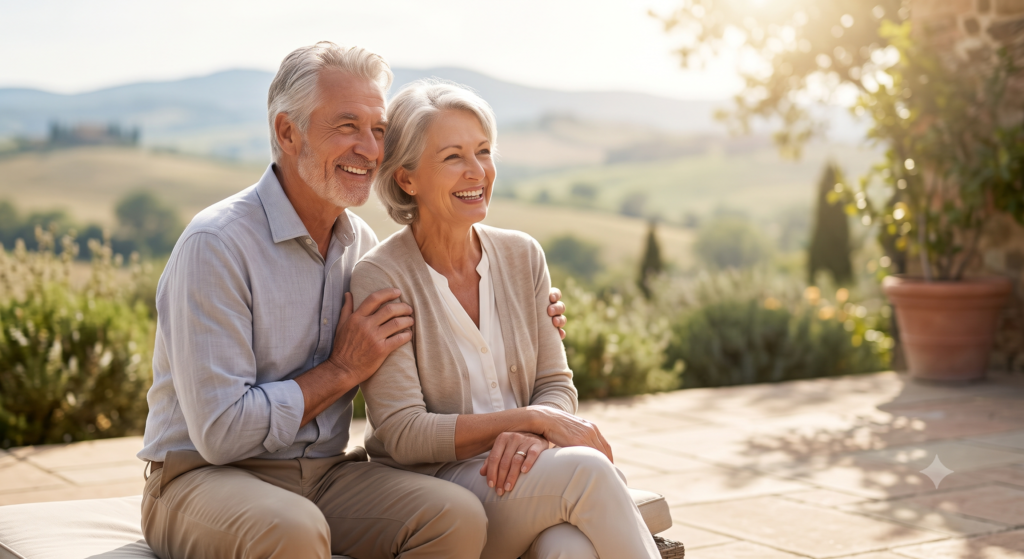 Una pareja mayor sonriente y feliz sentada en una terraza soleada, representando la tranquilidad y la planificación financiera para el futuro, relacionado con seguros de vida para personas mayores en 2026.