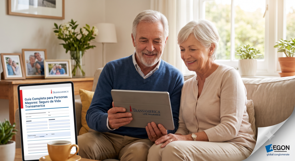 Pareja de jubilados felices sentados en casa mirando una tableta con un documento de Transamerica Life Insurance, con el título 'Guía Completa para Personas Mayores'.