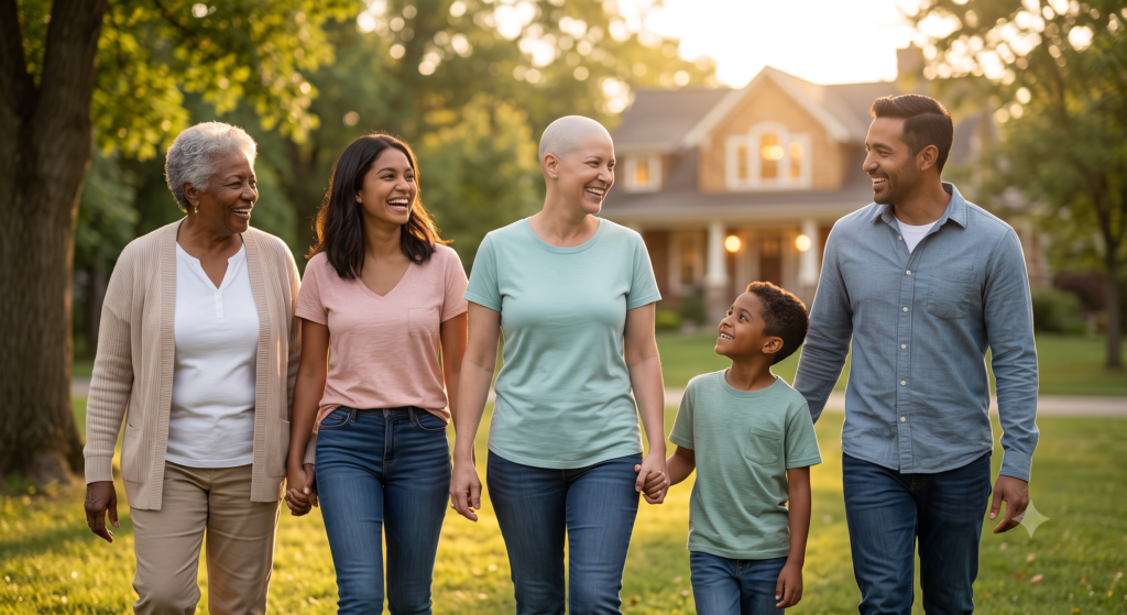 Familia feliz de supervivientes de cáncer disfrutando juntos en un parque soleado, que representa la seguridad financiera y el seguro de vida después de la recuperación.