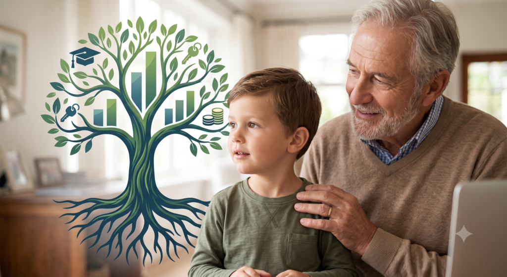Un abuelo sonriente y su nieto pequeño mirando juntos hacia un futuro brillante, simbolizado por un árbol de crecimiento financiero con raíces sólidas.