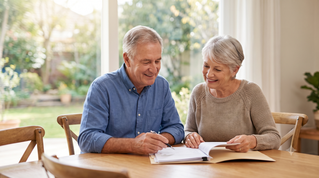 Pareja de adultos mayores sonriendo mientras revisan documentos de planificación de seguros de vida en su hogar.