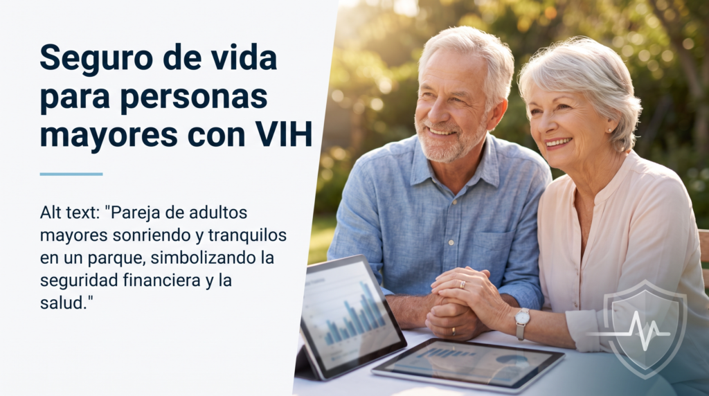 Pareja de adultos mayores sonriendo y tranquilos en un parque, simbolizando la seguridad financiera y la salud.