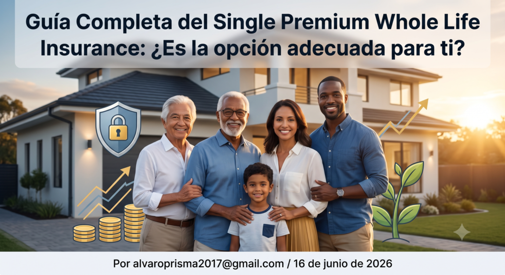 Guía Completa del Single Premium Whole Life Insurance: Portada con familia y símbolos de seguridad financiera y crecimiento.
