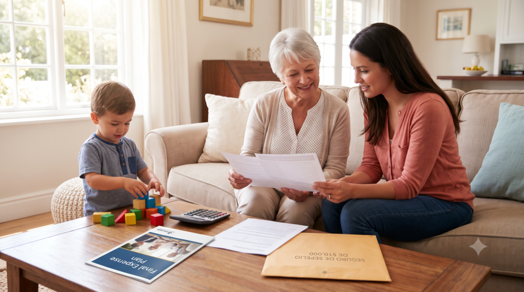 Una abuela y su hija revisan documentos de planificación familiar y un seguro de sepelio de $10,000 en una sala de estar acogedora con un nieto jugando.