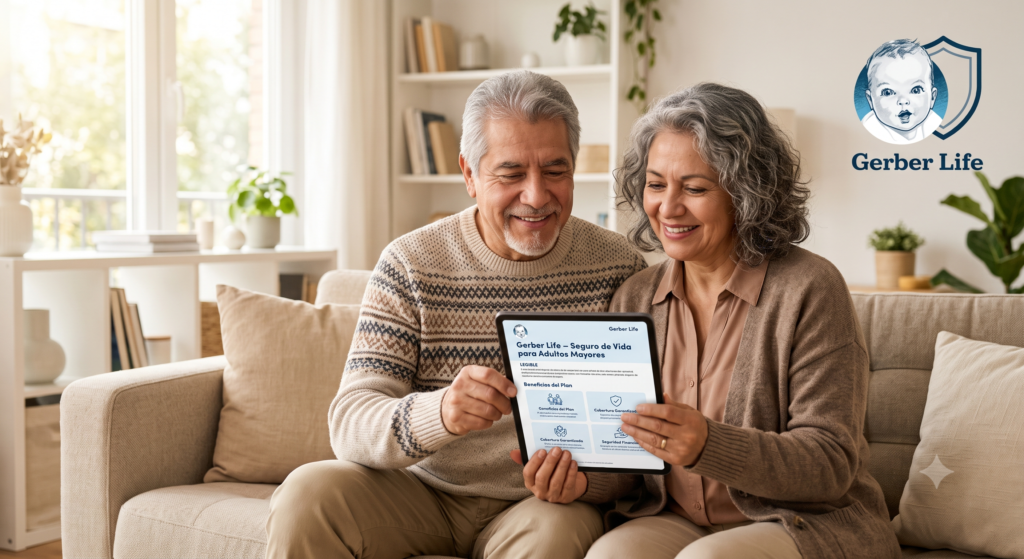 Pareja de adultos mayores hispanos sonrientes revisando una póliza de seguro de vida de Gerber Life en una tableta en su hogar, representando paz mental.