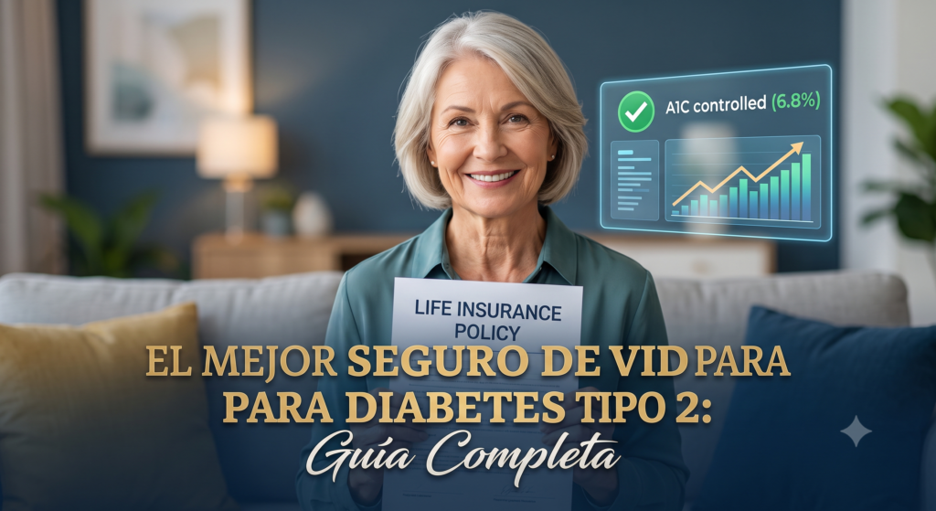 Una mujer mayor sonriente sostiene una póliza de seguro de vida aprobada, con un panel flotante que muestra un nivel de A1C controlado (6.8%) y el título del artículo en español.