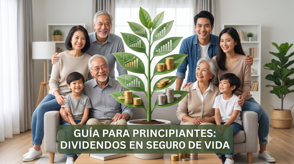 Una familia multigerencial sonriente rodea una planta de dinero que crece con gráficos financieros, simbolizando la estabilidad y el crecimiento de los dividendos del seguro de vida entera para una guía de principiantes.