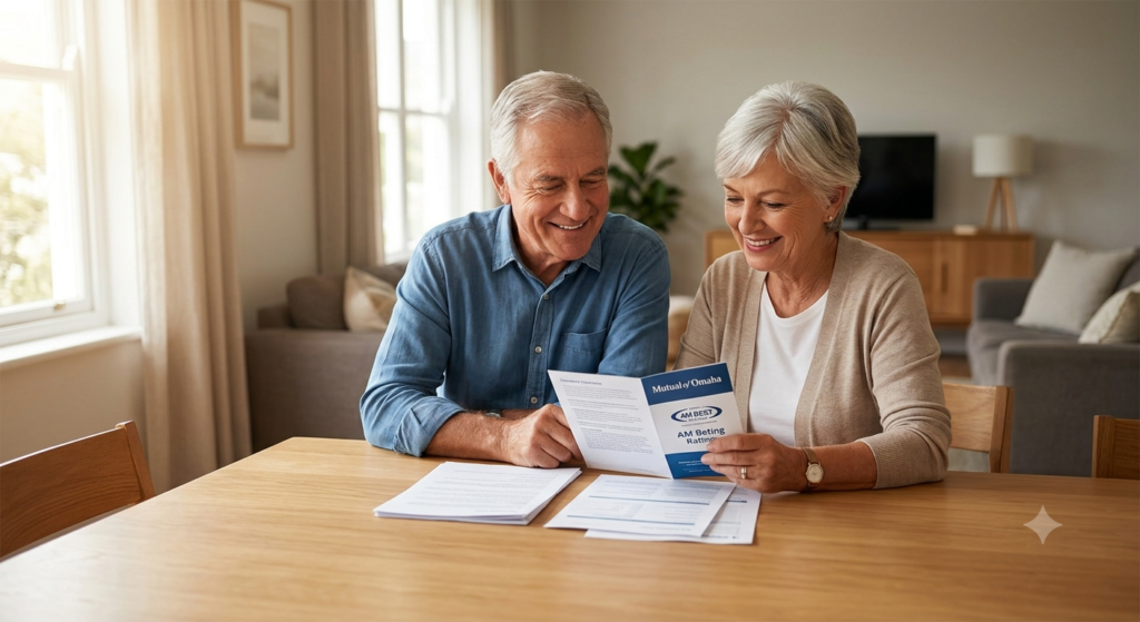Pareja de ancianos sonriendo mientras revisan documentos financieros, representando tranquilidad y planificación de seguros de entierro.