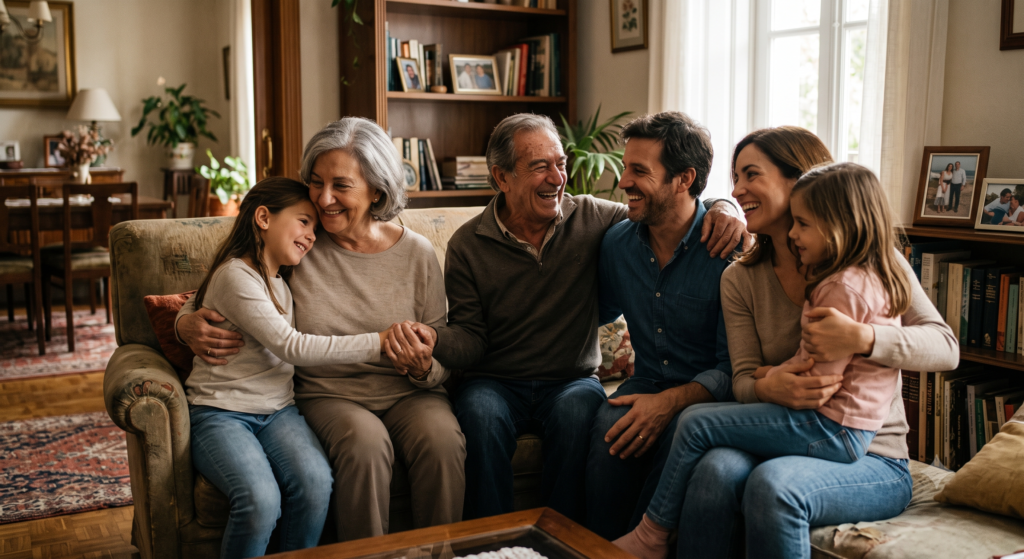 Familia española multigeneracional sonriendo y abrazada, representando la tranquilidad y protección inmediata de un seguro de decesos sin carencia contratado en 2026.
