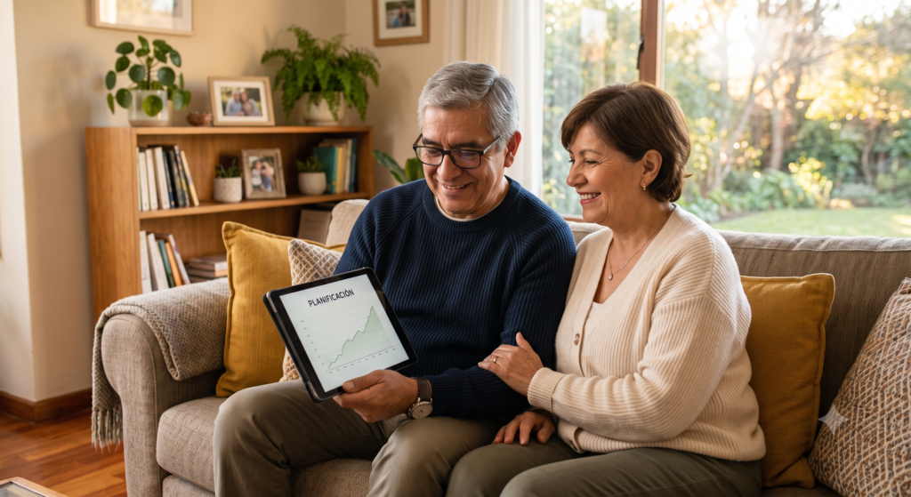 Pareja de adultos mayores de 50 años sonriendo y planificando su seguro de vida a término en casa. Imagen destacada sobre seguros de vida para personas mayores en 2026.