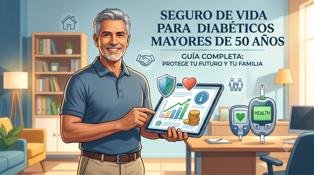 Hombre sonriente mayor de 50 años sosteniendo una tablet con gráficos de salud y finanzas, junto a dispositivos de medición de glucosa en una oficina. Incluye el texto del título: Seguro de vida para diabéticos mayores de 50 años.