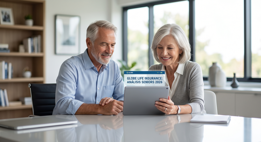 Pareja de adultos mayores hispanos analizando una tableta que muestra un análisis de seguros Globe Life Seniors 2026 en un hogar moderno y seguro.