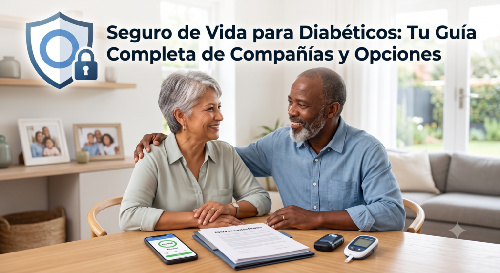 Pareja de adultos mayores sonrientes con un documento de póliza de seguro y dispositivos de control de diabetes, ilustrando opciones de seguro de vida accesibles.