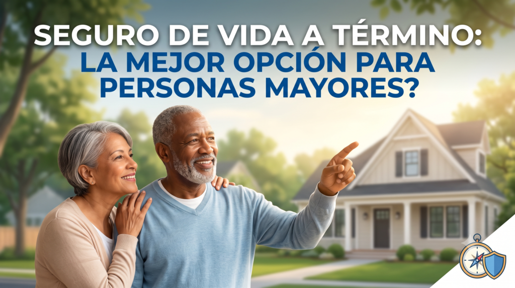 Pareja de adultos mayores sonriendo y planificando el futuro frente a una casa, con texto que pregunta si el seguro de vida a término es su mejor opción.