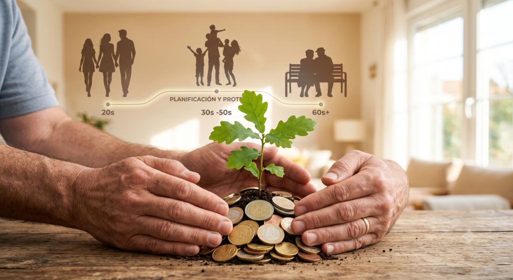 Gráfico conceptual sobre la evolución del precio del seguro de decesos según la edad en España, mostrando monedas y etapas de la vida.