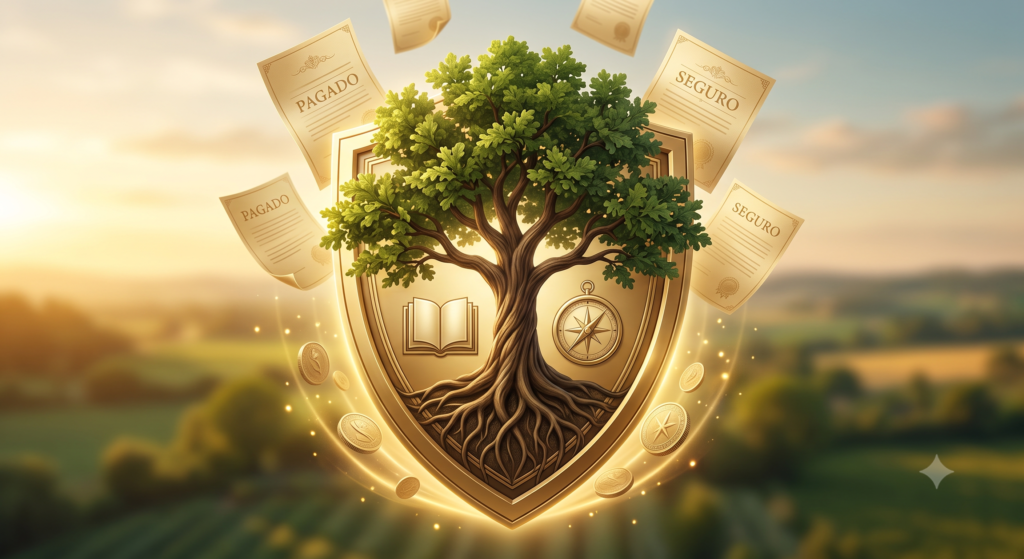 Un escudo financiero dorado simbólico protegiendo un árbol genealógico fuerte, representando la seguridad de un seguro de vida total saldado.