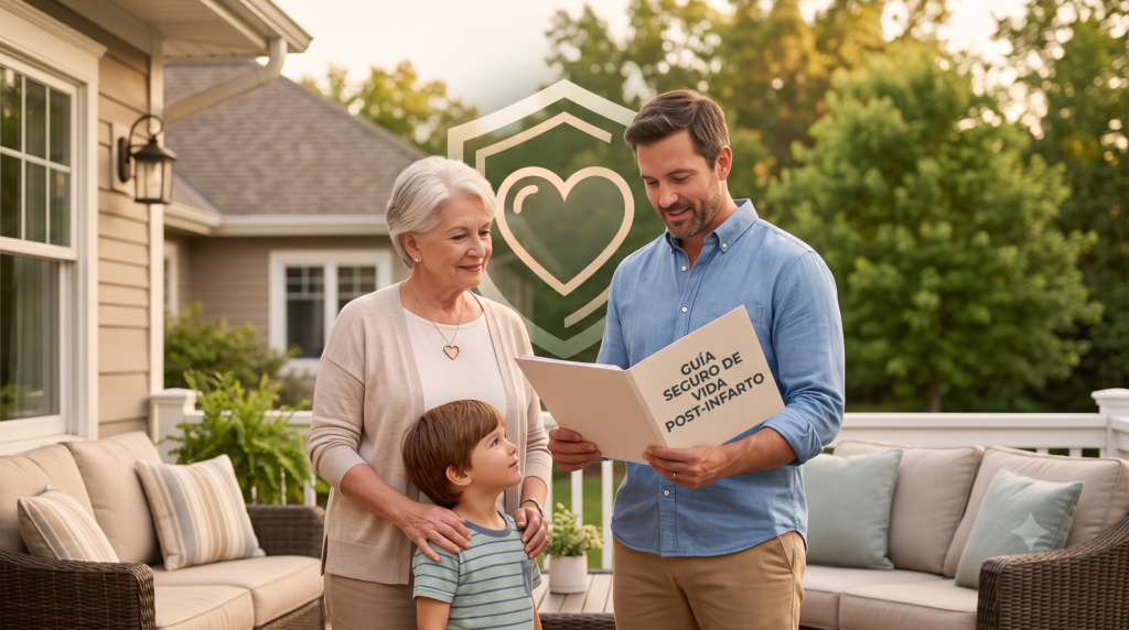 Pareja mayor y familia sonriendo en un entorno seguro, representando seguro de vida después de un ataque cardíaco.