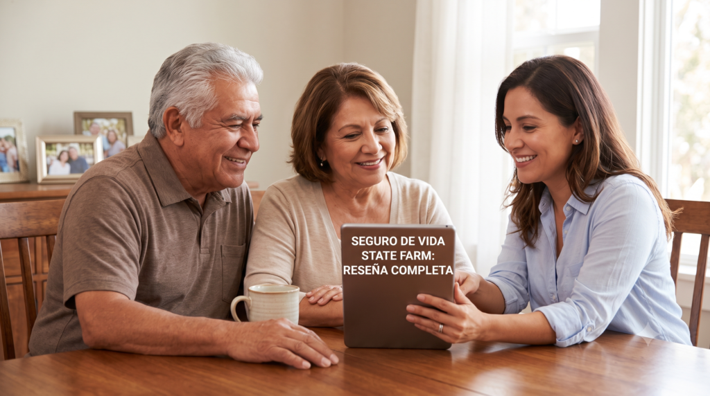 Pareja de adultos mayores hispanos y su hija adulta sonriendo mientras revisan una tableta con el texto 'SEGURO DE VIDA STATE FARM: RESEÑA COMPLETA' en un hogar acogedor.