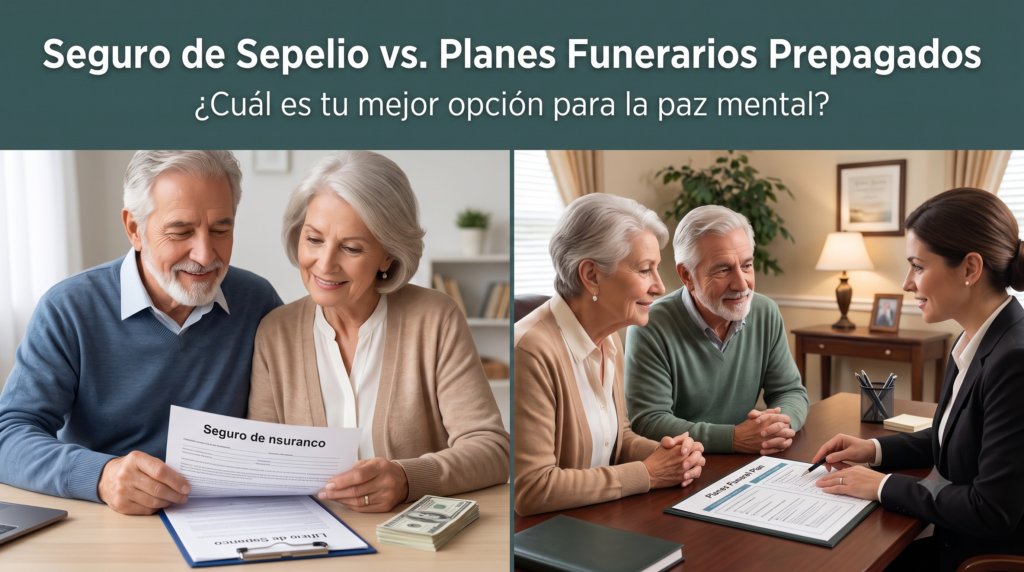 Un gráfico dividido que compara visualmente un seguro de sepelio (revisando documentos de póliza y fondos) y un plan funerario prepagado (consultando con un director funerario y un plan organizado), con el título "¿Cuál es tu mejor opción?".