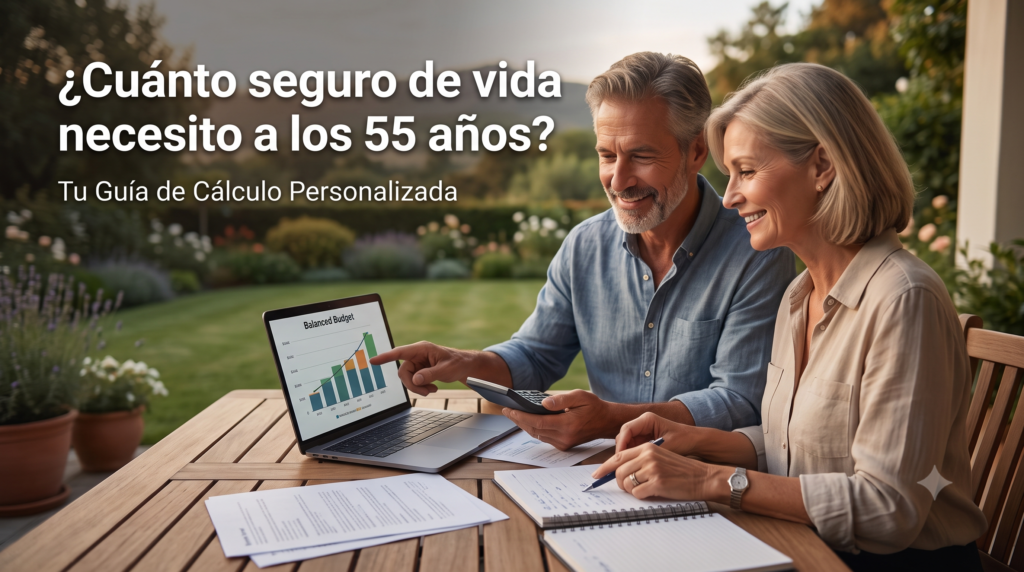 Una pareja madura y sonriente de unos 55 años revisando documentos financieros y un ordenador portátil en una terraza iluminada por el sol, planificando su jubilación.