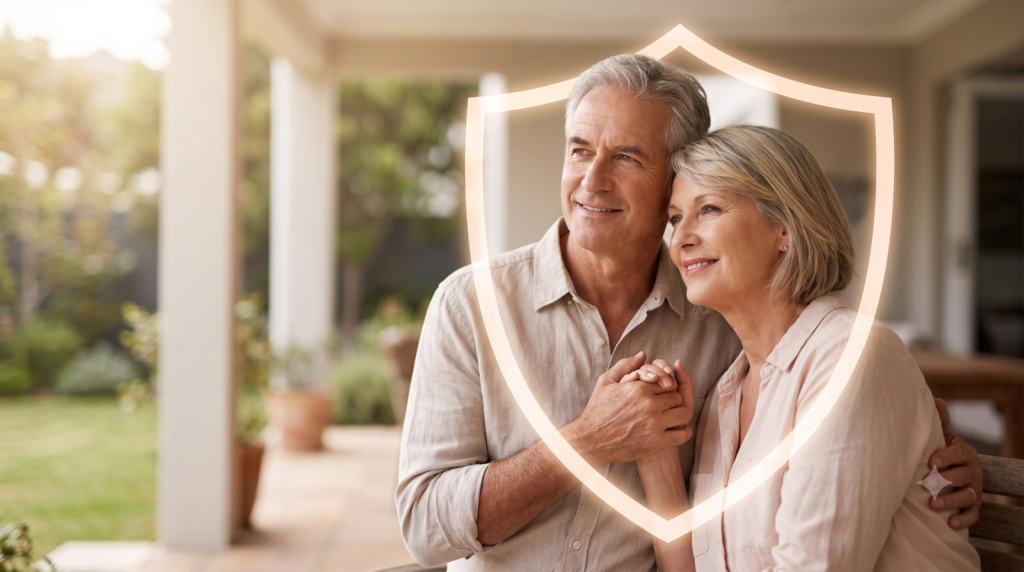 Pareja de adultos mayores sonrientes y seguros bajo un escudo protector invisible, simbolizando seguridad financiera a los 60 años.