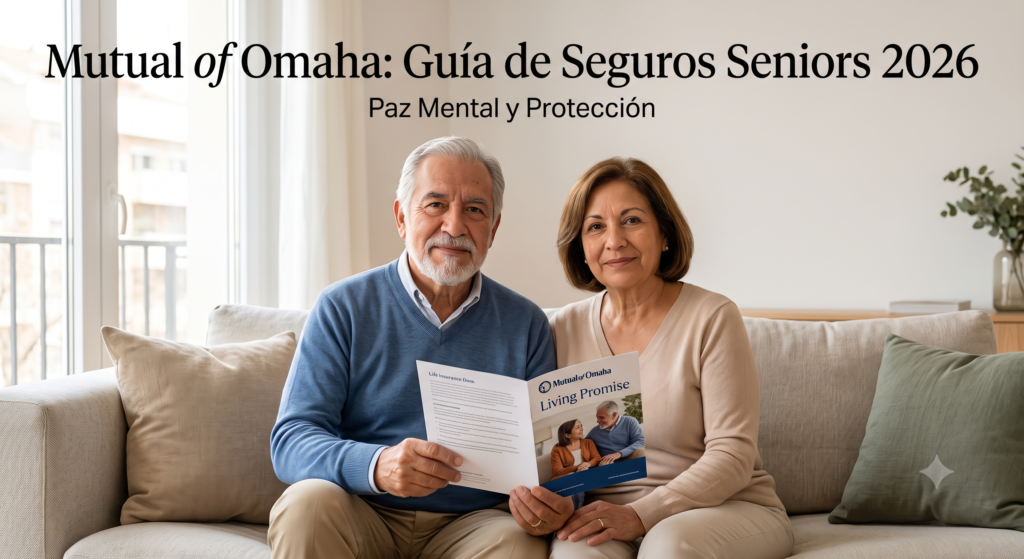 Pareja de adultos mayores hispanos sonriendo y seguros sosteniendo un folleto de seguro de vida Mutual of Omaha Living Promise en un hogar acogedor.