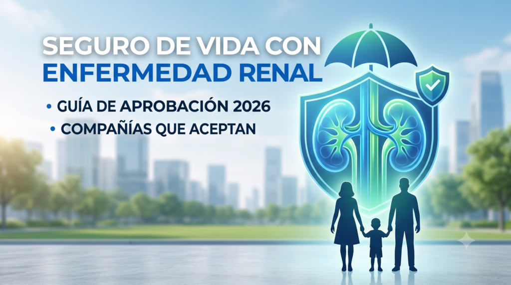 Gráfico profesional que muestra unos riñones protegidos por un escudo y un paraguas, con una familia debajo, ilustrando el seguro de vida para personas con enfermedad renal en 2026.