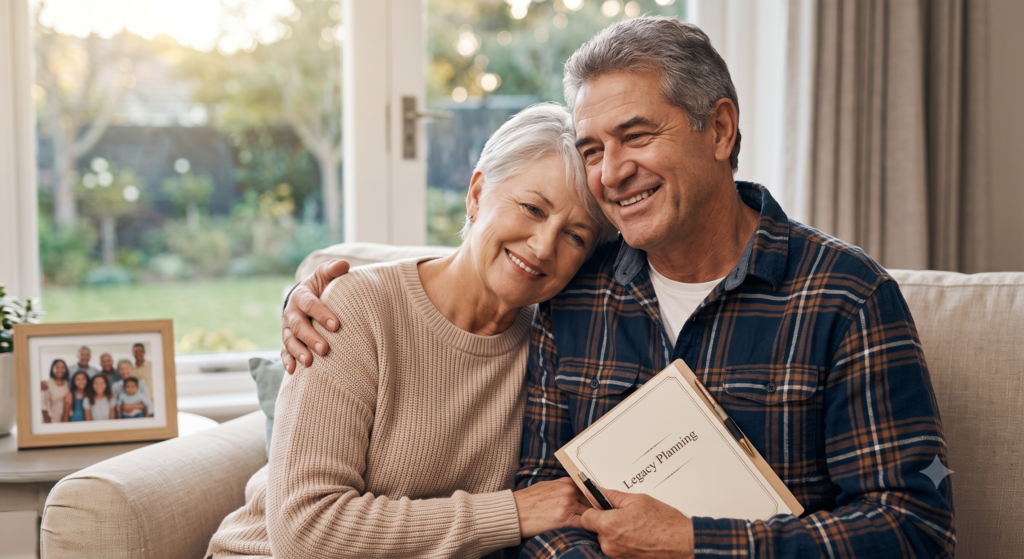 Pareja de jubilados sonriendo y abrazándose con alivio en su sala de estar, sosteniendo una carpeta de planificación de legado.