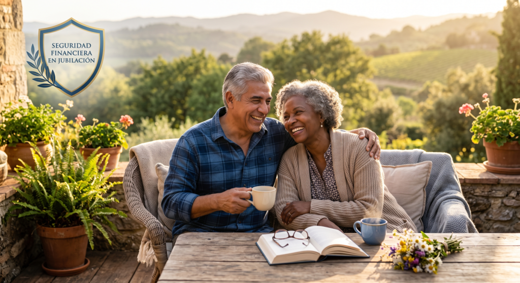 Una pareja de jubilados sonriente y relajada sentada en su terraza soleada, representando seguridad financiera y tranquilidad en la jubilación. Un escudo sutil simboliza seguros de vida.