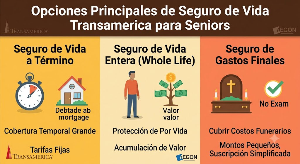 Infografía de Transamerica que compara el Seguro de Vida a Término, el Seguro de Vida Entera (Whole Life) y el Seguro de Gastos Finales para personas mayores.