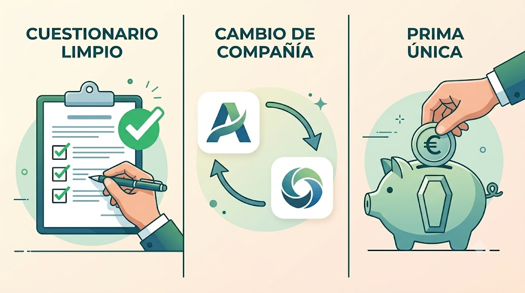 Gráfico ilustrativo que explica las tres vías para contratar un seguro de decesos sin carencia: pasar un cuestionario médico, cambiar de compañía o pagar una prima única.