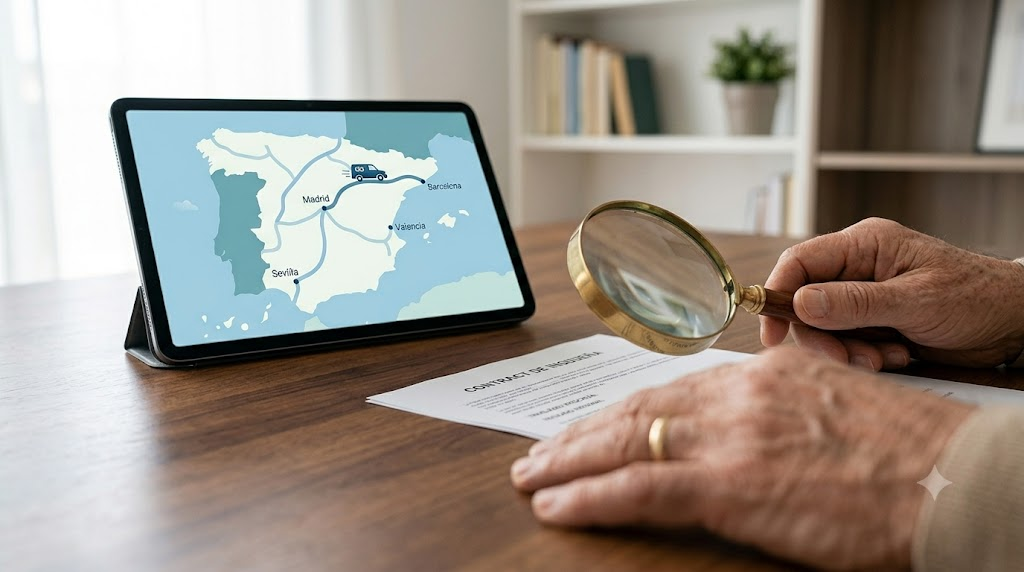 Primer plano de una persona revisando la letra pequeña de un contrato de seguro de decesos, con una tablet al fondo que muestra un mapa de España ilustrando la cobertura de traslado nacional ilimitado.