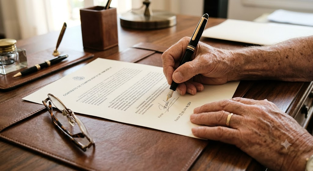 Primer plano de persona mayor firmando la póliza de un seguro de decesos de prima única.
