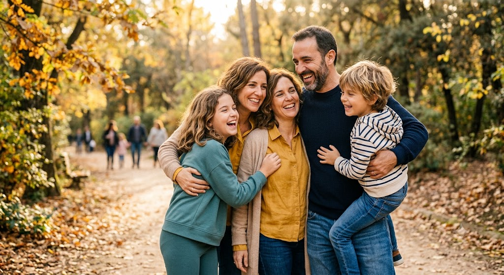 Familia feliz y protegida gracias a la contratación de un seguro de decesos familiar con prima nivelada.