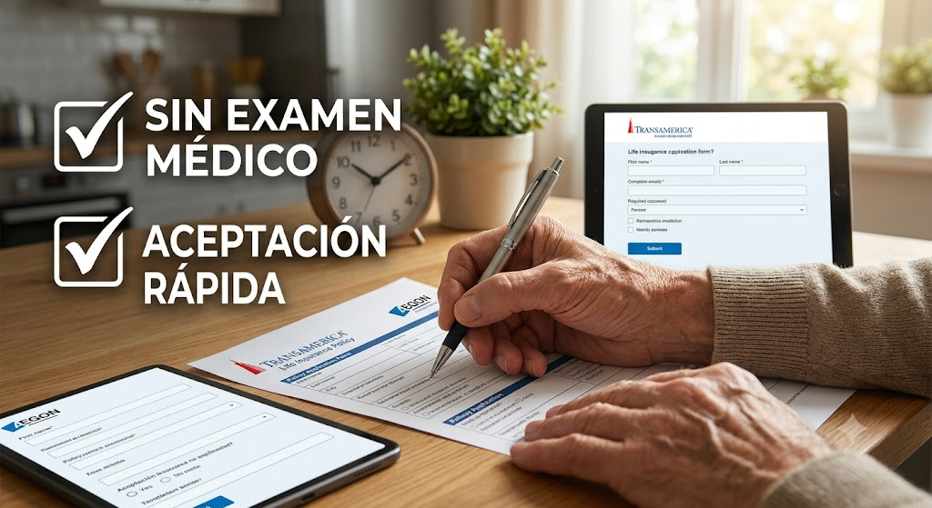 Manos de una persona mayor completando una solicitud de seguro de vida con Transamerica, con marcas de verificación de 'Sin Examen Médico' y 'Aceptación Rápida'.