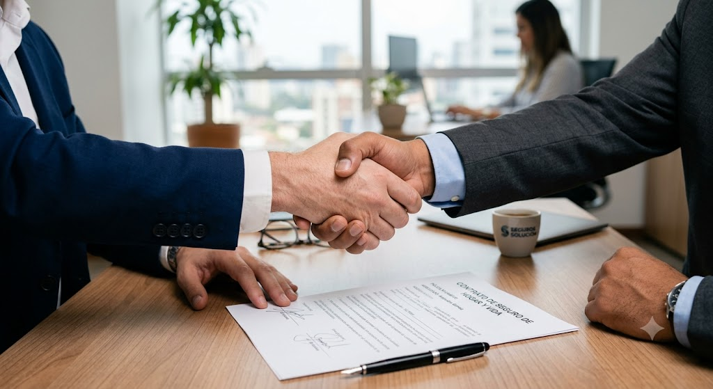 Dos personas estrechándose la mano sobre un escritorio, simbolizando el acuerdo y apoyo de la aseguradora.