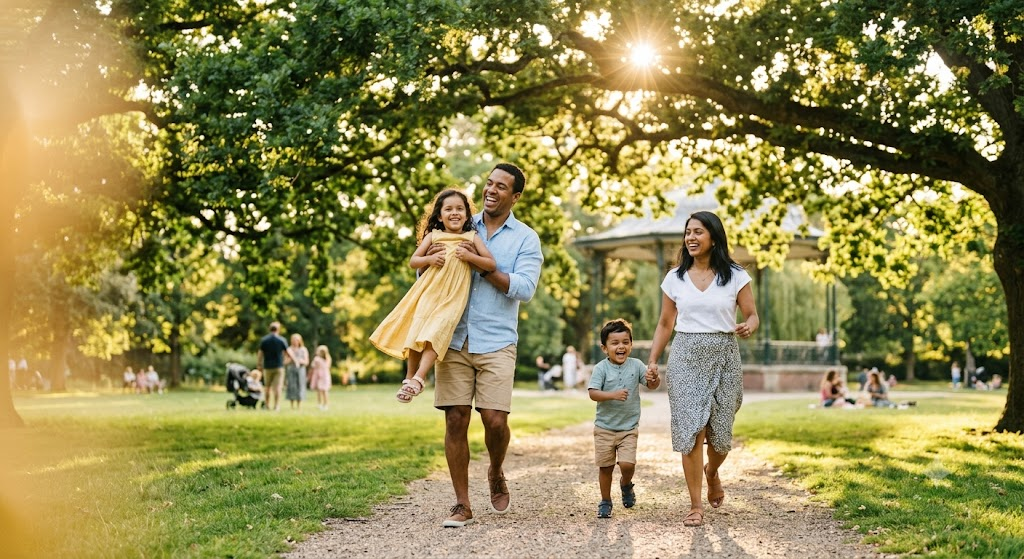 Familia feliz riendo en un parque, representando el legado y la paz mental que protege el seguro de decesos.