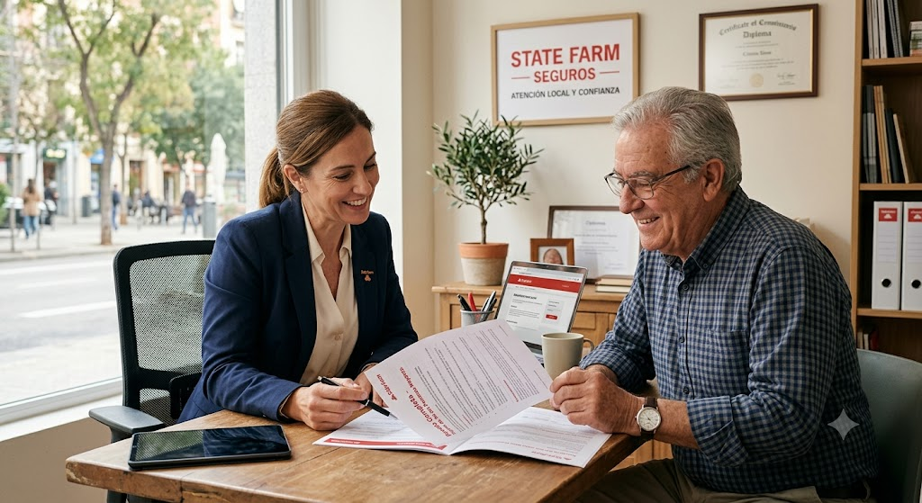 Hombre mayor sonriendo y revisando documentos de seguros con una agente local de State Farm en una oficina acogedora y confiable.
