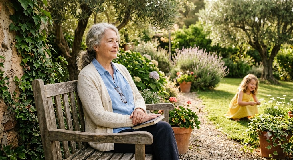 Abuela sonriente y serena mirando a su nieta jugar en un jardín soleado, representando la paz mental de la planificación de gastos finales.