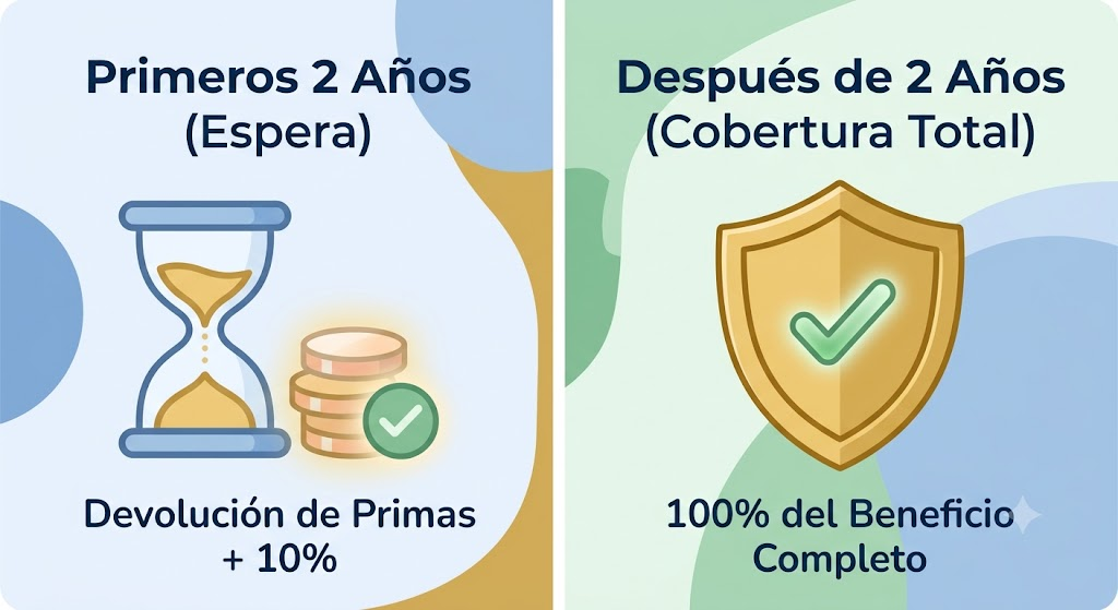 Infografía ilustrativa que explica cómo funciona el beneficio de carencia de dos años en el seguro de vida de emisión garantizada de Gerber Life.