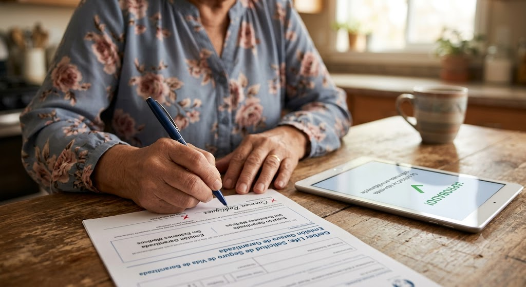 Manos de una mujer mayor hispana firmando un formulario de Gerber Life, ilustrando el proceso de aprobación rápido y sin exámenes médicos de emisión garantizada.