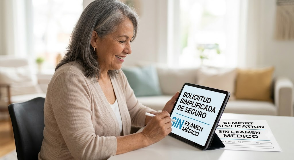 Mujer mayor hispana sonriendo mientras usa una tableta para completar una solicitud simplificada de seguro de vida sin examen médico desde casa.