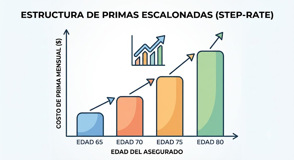 Infografía gráfica que muestra la estructura de primas escalonadas step-rate, visualizando cómo el costo del seguro de Globe Life aumenta cada cinco años según la edad del asegurado.