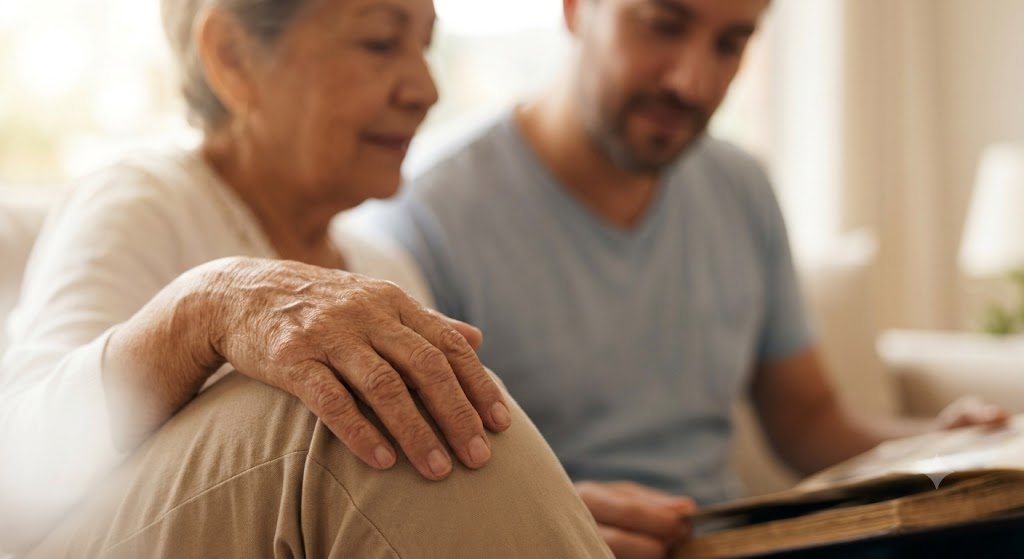 Primer plano de la mano de una abuela mayor sobre el hombro de su nieto, simbolizando la protección de gastos finales y la paz mental para los seniors.