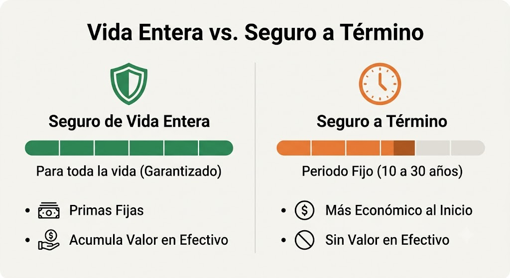 Infografía comparativa entre seguro de vida entera y seguro a término para jubilados