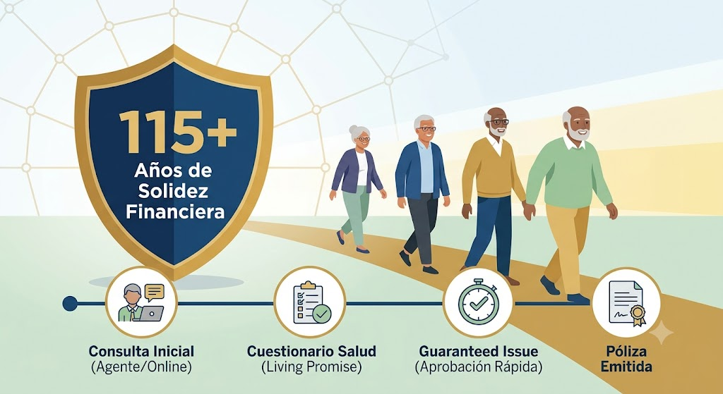 Ilustración conceptual de seniors caminando hacia un futuro brillante sobre la base sólida de 115 años de Mutual of Omaha, mostrando el proceso de solicitud de seguro de vida simplificado.