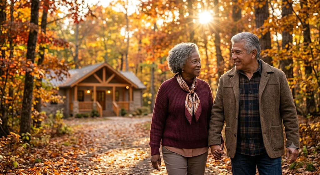Una pareja de jubilados de AARP camina felizmente de la mano por un sendero arbolado en otoño, reflejando paz y bienestar en la madurez.