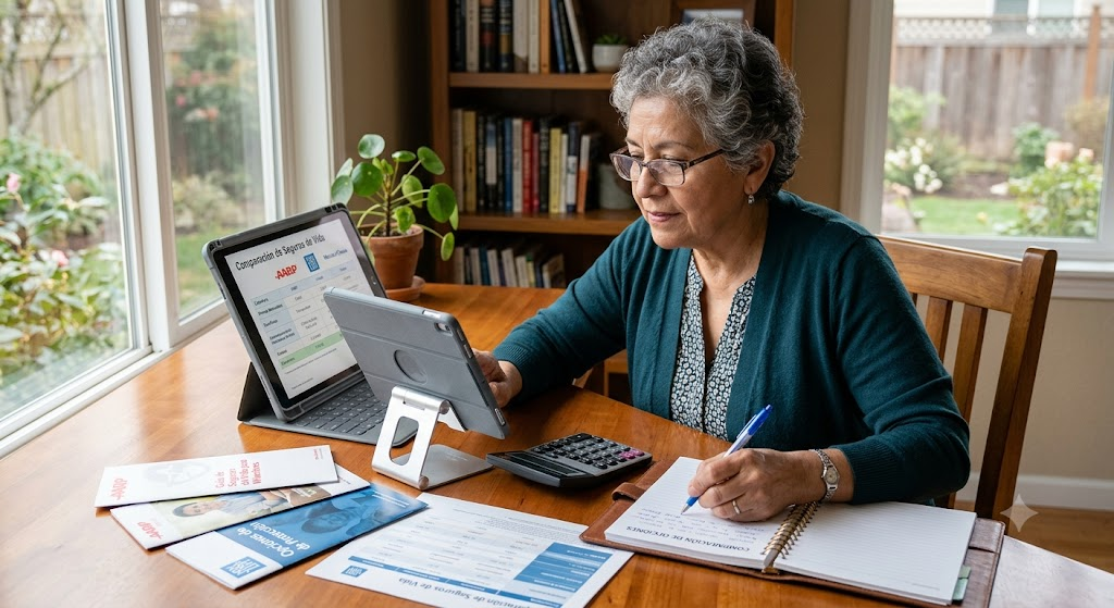 Una mujer mayor concentrada comparando opciones de seguros de vida y documentos financieros en una tablet y folletos en su escritorio, buscando alternativas competitivas.
